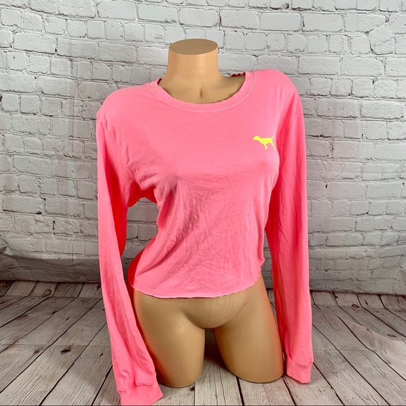 VS PINK Neon Logo Print Long Sleeve Crop Top Pink - Picture 2 of 7